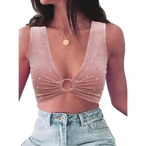Fashion Velvet Crop Top Stars Light Pink With Silver Stars Women’s S NWT